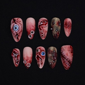 Unique 3D Design with Horror Blood Eyeball Almond Halloween Press On Nails, Scary Fake Nails Art for Spooky Season