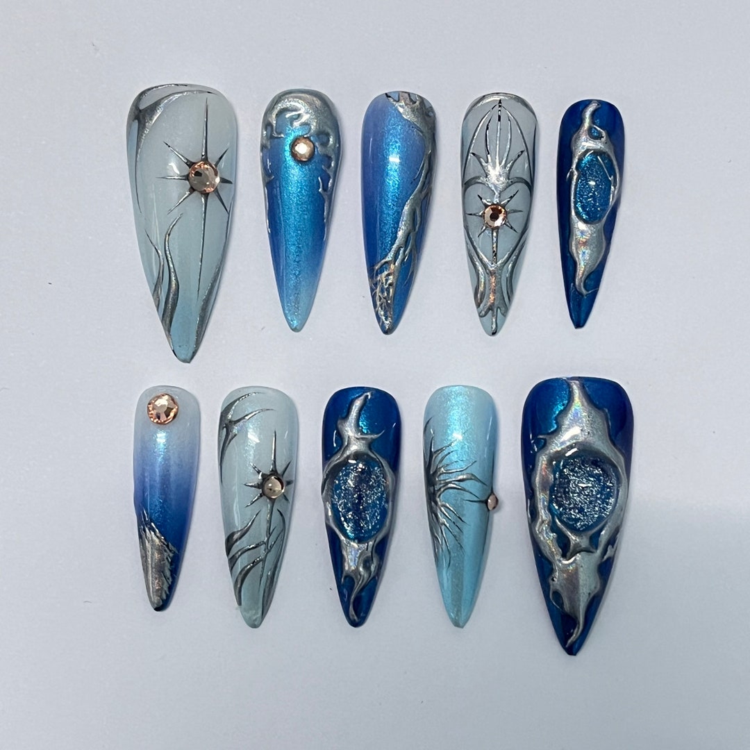 Long Blue Stiletto Press-on Nails, Luxury Christmas Nail Art, Festive ...