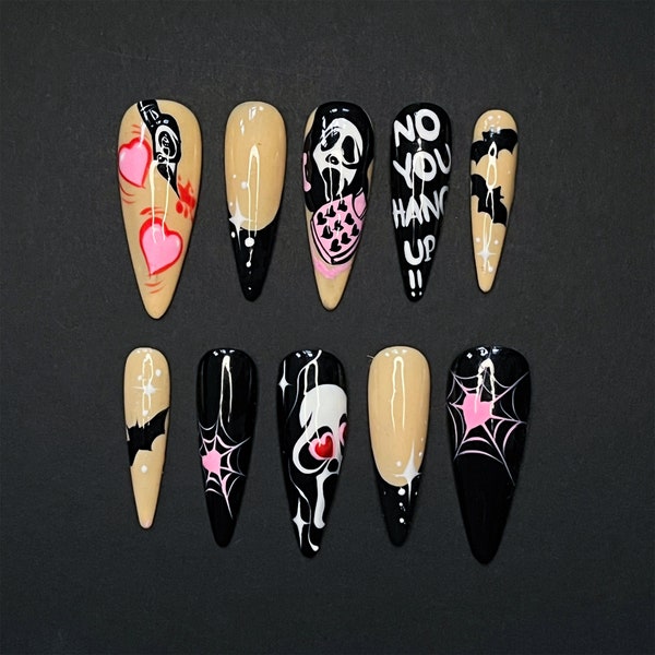 LNA0059 - Ghost Black French Tip Long Almond Press On Nails, Halloween/Cosplay/Carnival Nails Art, Handpainted Fake Nail, Reusable Gel Nail