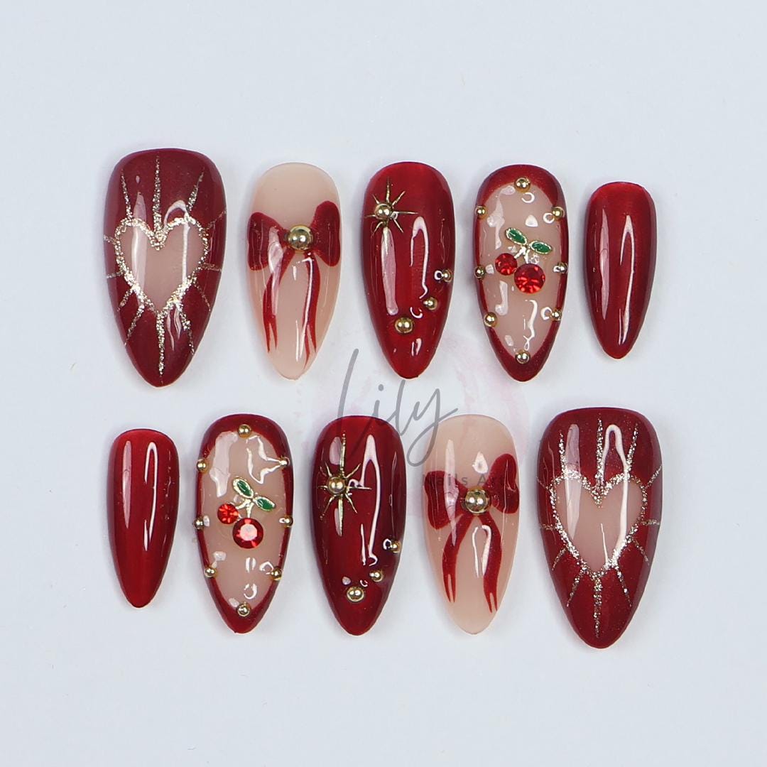 Myy nailさまご確認ページ Valentine Vibes: Cherished Cherry Nail Art, Medium Press-on Nails