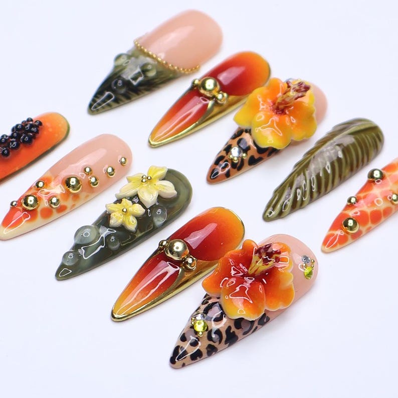 Summer Press On Nail With Papaya Leopard Animal Print Long Almond summer-press-on-nail-with-papaya-leopard-animal-print-long-almond
