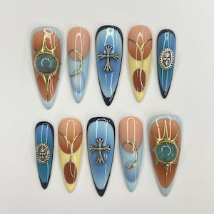Summer Color Blue & Yellow Aura French Tip Long Almond Press On Nails, 3D Gel Fake Nails, Unique Design Nails for Birthday Vacation Holiday