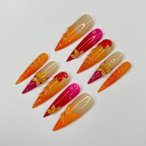 Sunset Flower Long Stiletto Press On Nail, Custom Design Nail Art, Fake Nail for Birthday, Holiday Nail, Gift For Her