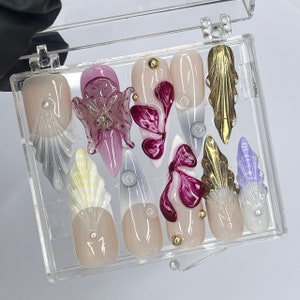 3D Flower Long Almond Press On Nails, Floral Handmade Gel False Nails for Birthday Event Party Holiday Vacation, Spring Nails