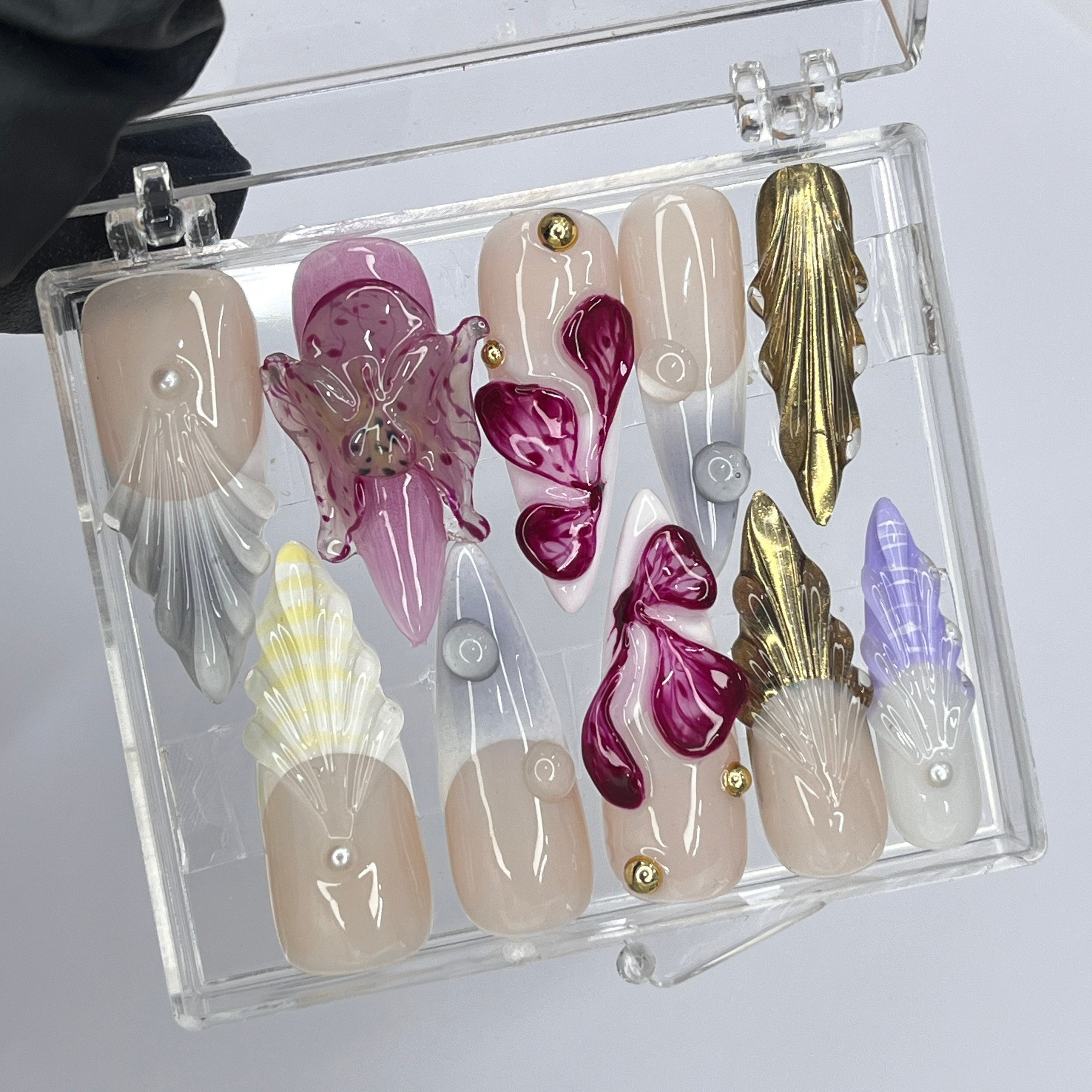 3D Flower Long Almond Press On Nails, Floral Handmade Gel False Nails for Birthday Event Party Holiday Vacation, Spring Nails
