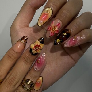 Summer Press on Nails with Sun & Gold Detail | 3D Floral Fake Nails in Medium Almond | Handmade Ocean Nail Art for Holiday, Vacation, Party