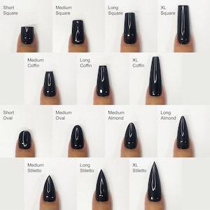 May include: A chart showing different nail shapes and lengths. The shapes include square, coffin, oval, almond, and stiletto. The lengths include short, medium, long, and extra large.