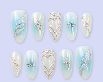 Blue Press On Nails | Opalescent Celestial with Silver Stars & 3D Heart | Almond Fake Nails | Handmade Nail Art for Valentine of Gifts