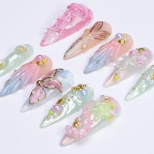 Summer Press on Nail with Mermaid & Jellyfish, 3D Ocean Inspo Fake Nail in Long Almond ,Handmade Beach Nail for Holiday, Vacation, Birthday