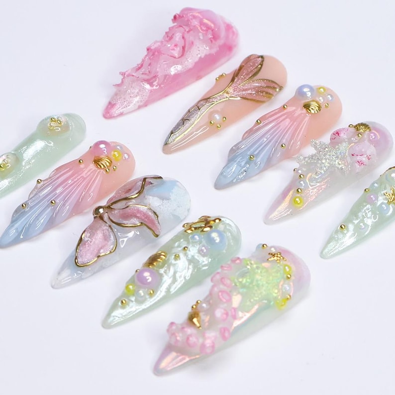 Summer Press on Nail with Mermaid & Jellyfish, 3D Ocean Inspo Fake Nail in Long Almond ,Handmade Beach Nail for Holiday, Vacation, Birthday