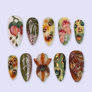 Fall Press On Nails with Mushrooms & Forest Theme | 3D Autumn Fake Nails in Medium Almond | Handmade Nail Art for Fall Look, Party, Gift