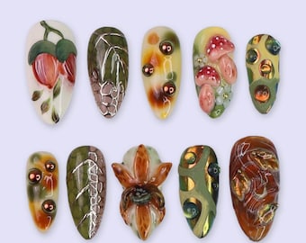 Fall Press On Nails with Mushrooms & Forest Theme | 3D Autumn Fake Nails in Medium Almond | Handmade Nail Art for Fall Look, Party, Gift