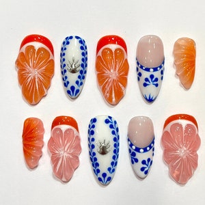 Fruits d'été et amandes de style libre sur les ongles, faux ongles faits main, ongles uniques pour anniversaire, événement, photo, vacances, anniversaire