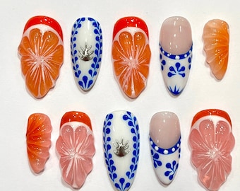 Free Style Summer Fruit Mandel Press On Nails, handgemachte Fake Nails Nägel, einzigartige Nägel für Geburtstagsveranstaltung Fotografie Urlaub Geburtstag