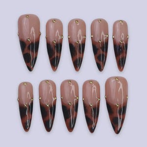 Tertoise Brown Leopard French Tip On Milky White Long Stiletto Press On Nails,  Gold Diamond Luxury Acrylic Fake Nail Art, Autum Nails