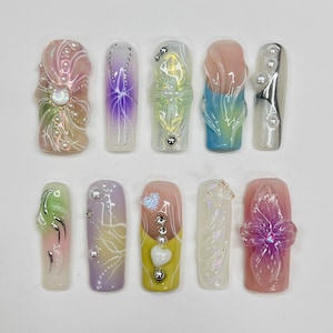 Spring Break - 3D Flowers Long Square Press On Nails, Handmade Gel False Nails for Birthday Event Party Holiday Vacation