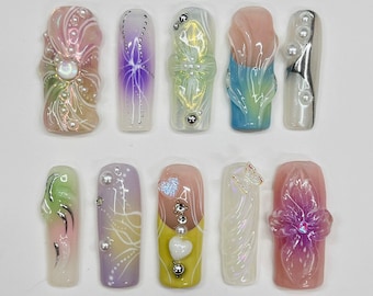 Spring Break - 3D Flowers Long Square Press On Nails, Handmade Gel False Nails for Birthday Event Party Holiday Vacation