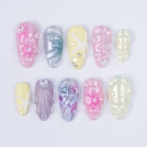 Mermaid Press On Nails, 3D Starfish Seashell Flower Nails, Iridescent Pearl Ocean Nails, Handmade Summer Beach Nails, Reusable Fake Nails