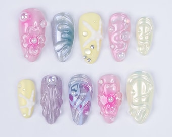 Mermaid Press On Nails, 3D Starfish Seashell Flower Nails, Iridescent Pearl Ocean Nails, Handmade Summer Beach Nails, Reusable Fake Nails