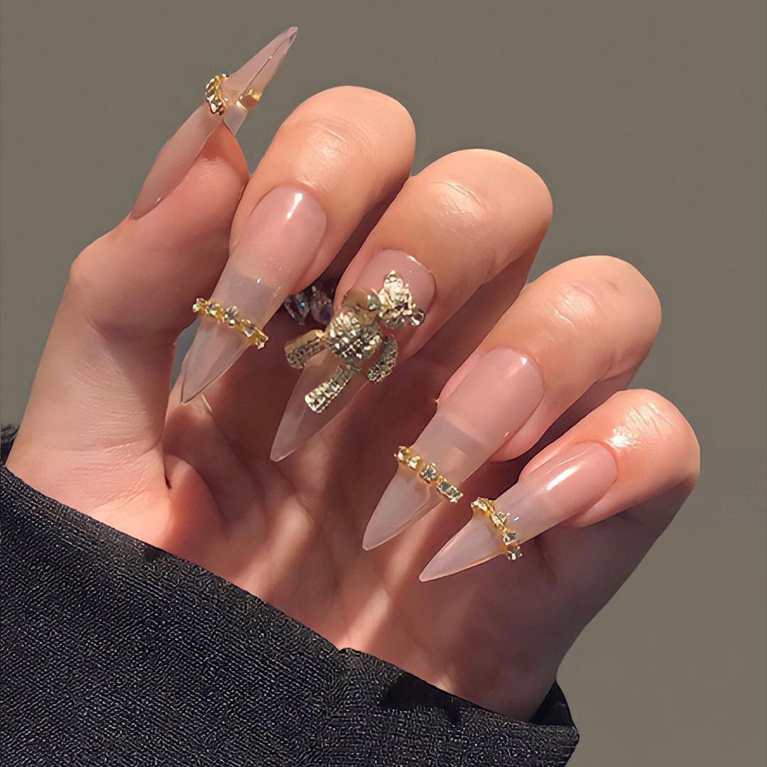 Luxury Pear Sparkling Long Stiletto Press on Nails, Fake Nails, Long