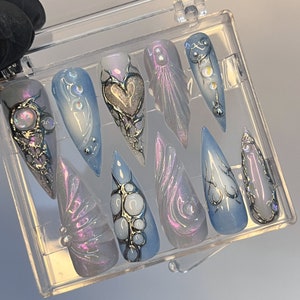 Free Style Blue Mermaid Almond Press on Nails, Handpainted Fake/false ...