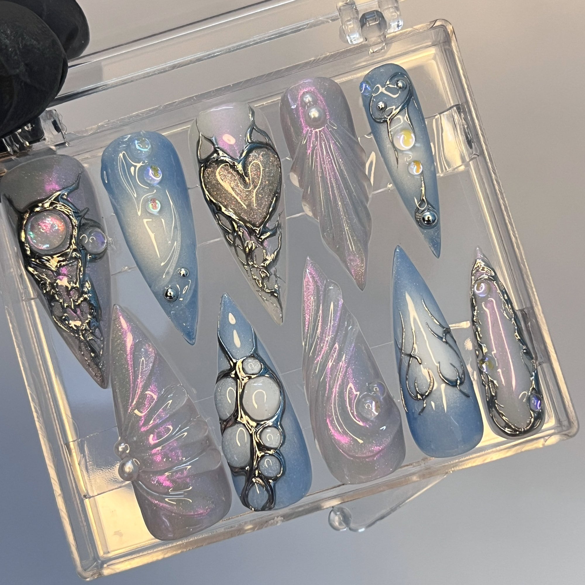 Free Style Blue Mermaid Almond Press On Nails, Handpainted Fake/False Nails, Prom/Event/Birthday Nails, Goth/Gothic/Y2K/Aura Nai