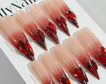 Red French Tip with Crystal Bling On Pink Ombre Long Stiletto Press On Nails, Luxury Handmade Acrylic Fake Nails, Birthday Nails