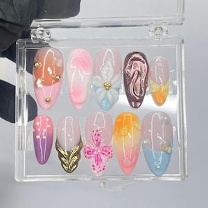 3D Flower  Medium Almond Press On Nails, Floral Handmade Gel False Nails for Birthday Event Party Holiday Vacation