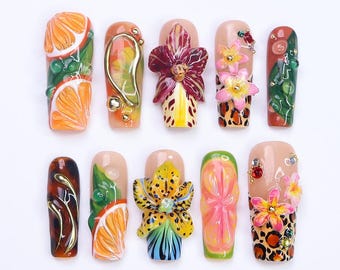 Summer Press on Nail with Citrus & Leopard Print | 3D Orchid Flower Fake Nail in Long Square | Handmade Nail for Holiday, Vacation, Birthday