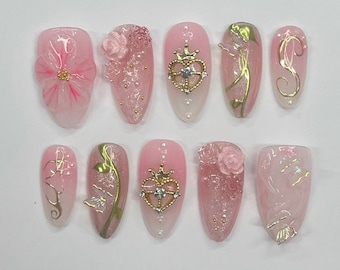 Elegance 3D Flower Medium Almond Press On Nails, uñas de primavera florales hechas a mano, uñas únicas para fiestas de cumpleaños, vacaciones