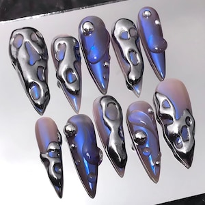 Custom Long Stiletto Metallic Silver Press On Nails - Free-Style Goth, Gothic, Emo Inspired Nails for Birthday, Holday, Party, Event