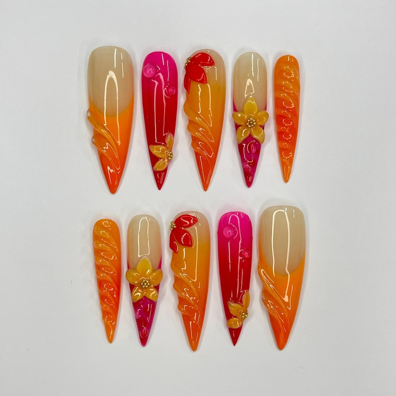 Sunset Flower Long Stiletto Press On Nail, Custom Design Nail Art, Fake Nail for Birthday, Holiday Nail, Gift For Her