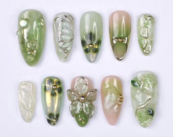 Press On Nails Green Butterfly with Gold Vine | 3D Floral Fake Nails in Medium Almond | Handmade Spring Nail Art for Holiday, Vacation, Gift