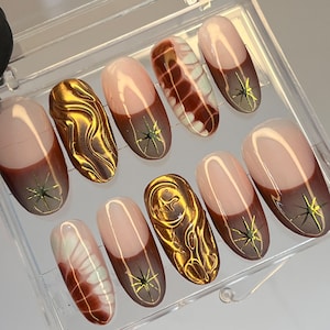 Free Style Gold Stiletto Press On Nails, Custom French Tip Fake Nails, Elegant Nails Art for Birthday Party