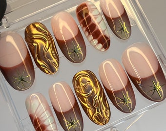 Free Style Gold Stiletto Press On Nails, Custom French Tip Fake Nails, Elegant Nails Art for Birthday Party