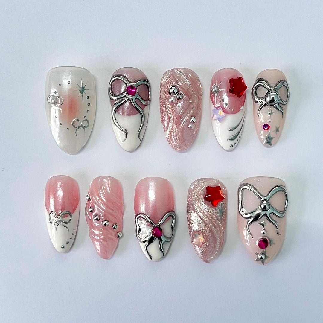 Freestyle 3D Short Almond Press on Nails, Colourful Cute Handpainted ...