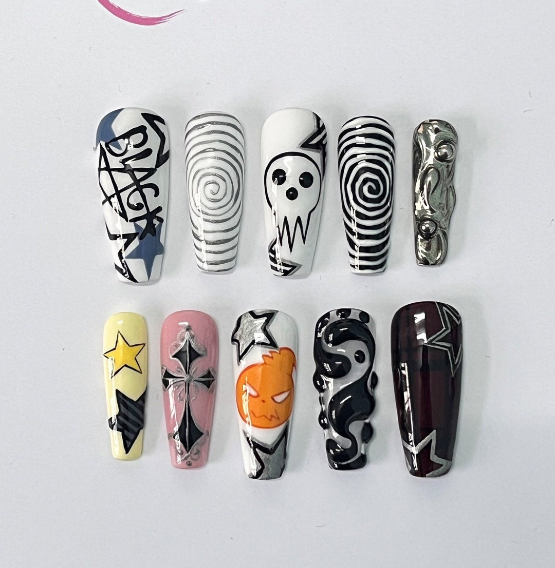 Handpainted Mix Style Press on Nails Goth, Handpainted Gothic Fake ...