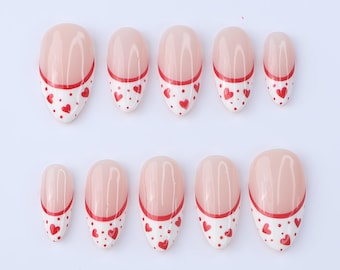 Valentine Press On Nails with Red Hearts | French Tip Fake Nails in Almond | Cute Handmade Nail Art for Date or Gift for Her
