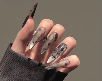 Black Stars Press On Nails, Black Coffin Nails, Custom Fake Nails, Handpainted False Nails, Trendy Glue on Nails, Luxury Nail Art