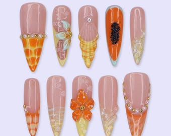Tropical Press On Nails with Papaya, Hibiscus Flower & Seashell | Long Almond Fake Nails | Handmade Nails Art For Summer Beach for Vacation