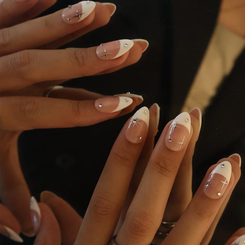 Minimal Press on Nails Silver Stars with White French Tip | Everyday Fake Nail Art in Short Almond | Handmade Nail Art for Holiday, Birthday