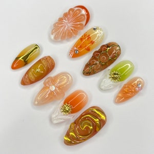 Sunset With Orange Fruit & 3D Flower Almond Press On Nails, 3D Gel Fairycore Fake Nails, Dreamy Nails for Birthday Vacation Holiday
