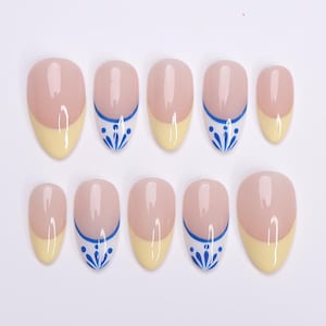 Minimal Press on Nail Yellow Butter French Tip & Blue Detail | Everyday Fake Nail Art in Short Almond | Handmade Nail Art for Birthday, Trip