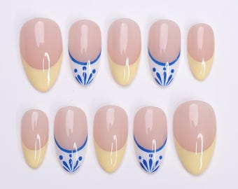 Minimal Press on Nail Yellow Butter French Tip & Blue Detail | Everyday Fake Nail Art in Short Almond | Handmade Nail Art for Birthday, Trip