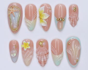 Uñas postizas de verano Plumeria con estrella de mar / Uñas postizas 3D almendra mediana / Uñas de concha marina hechas a mano para vacaciones, cumpleaños