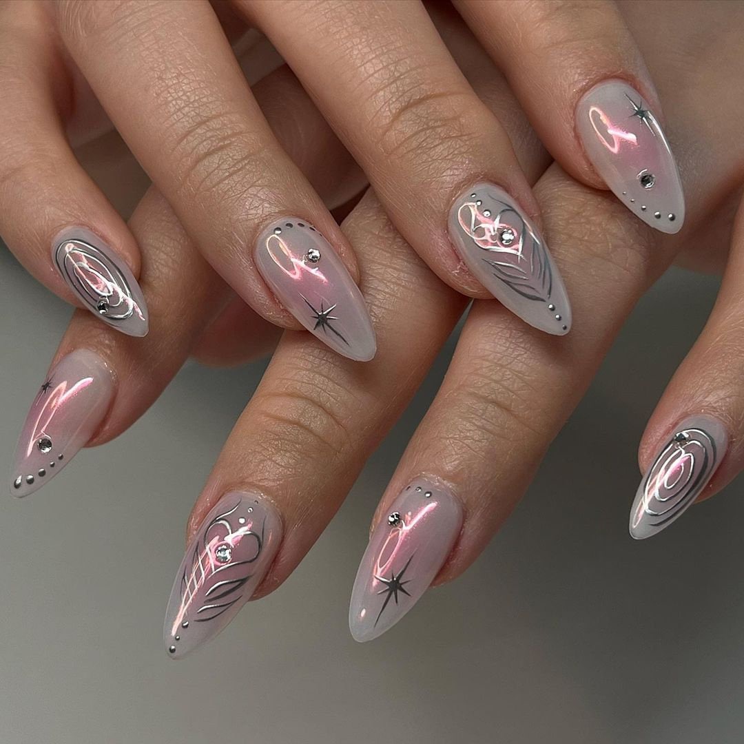 Aura Short Almond Press on Nails Metallic Silver Fake Nails - Etsy
