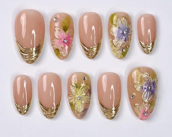 Press On Nails Rosette With Gold French Tip | Floral Fake Nails In Short Almond | Handmade Spring Nail Art for Holiday, Vacation, Birthday