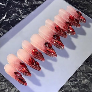 Red French Tip with Crystal Bling On Pink Ombre Long Stiletto Press On Nails, Luxury Handmade Acrylic Fake Nails, Birthday Xmas Holiday Nail