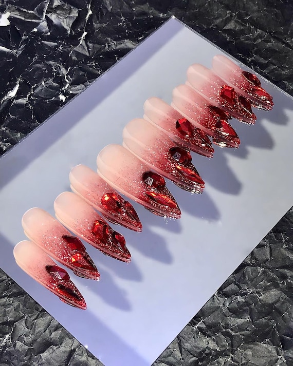 24 Pcs/Set French Bride Full Cover Red False Nails Rhinestones Crystal 3D  Design Acrylic Fake Nail Tips 