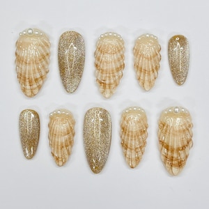 Ocean Inspired Seashell Medium Almond Press On Nails, Handmade Gel False Nails for Birthday Event Party Holiday Vacation